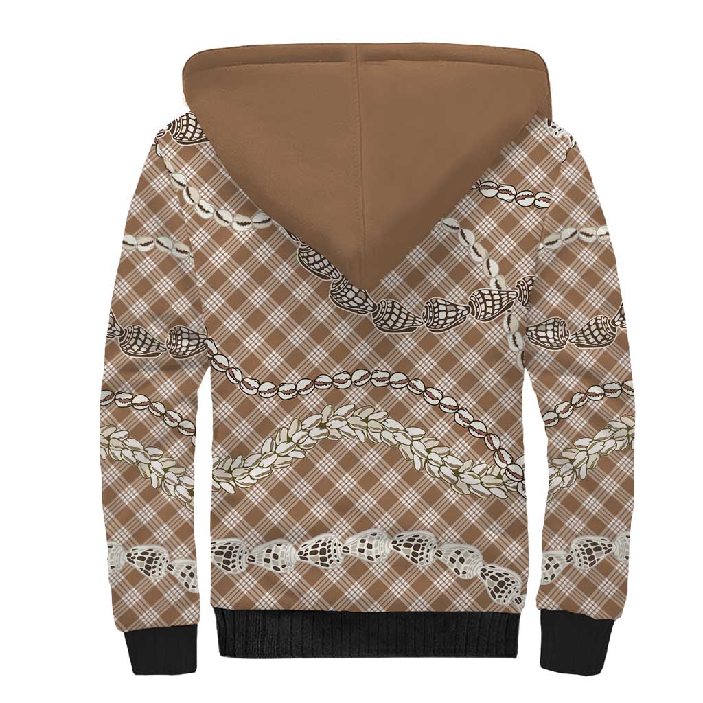 Brown Aloha Hawaii Shell Lei Sherpa Hoodie Palaka Hebrew Cone Honey Cowrie Elegant Curves - Polynesian Pride