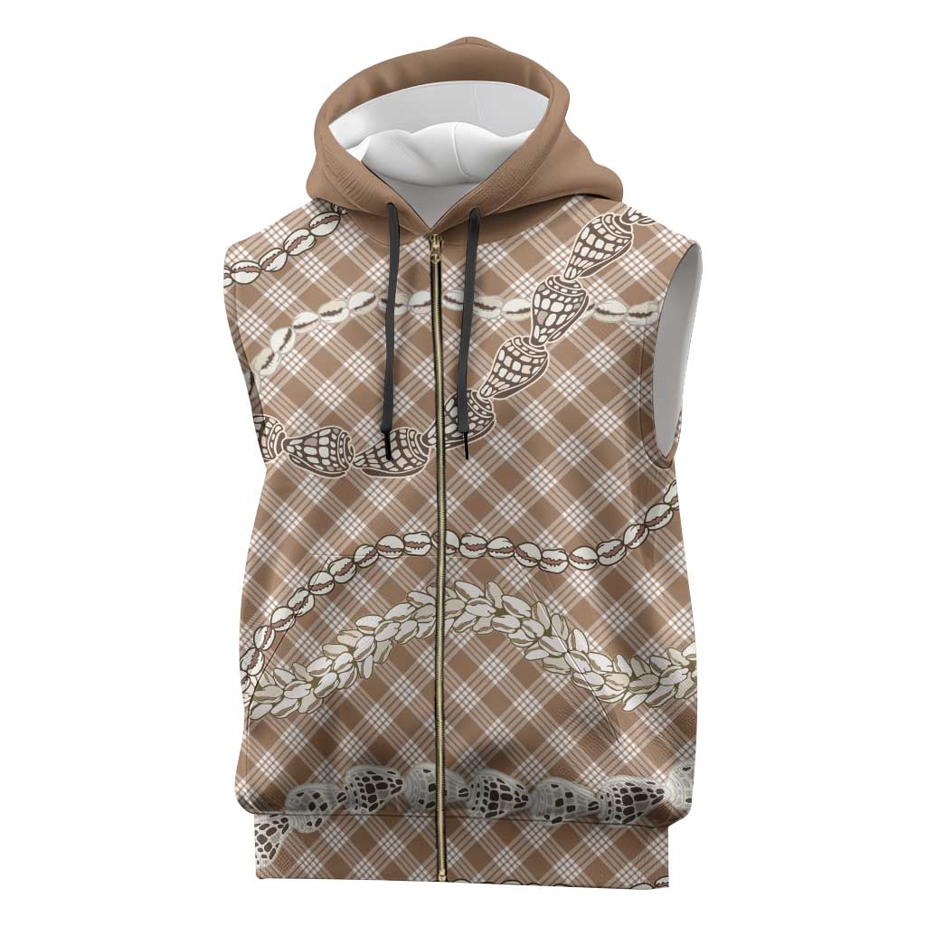 Brown Aloha Hawaii Shell Lei Sleeveless Zip Hoodie Palaka Hebrew Cone Honey Cowrie Elegant Curves - Polynesian Pride