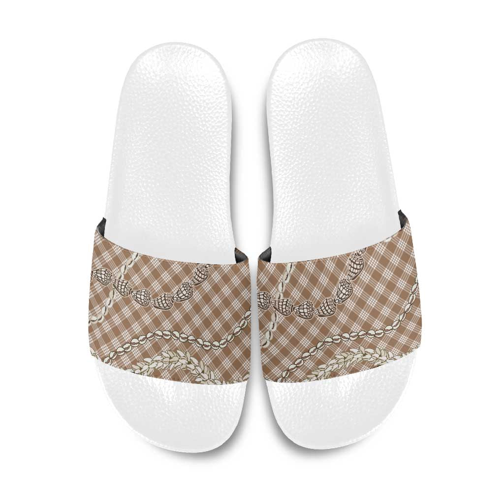 Brown Aloha Hawaii Shell Lei Slide Sandals Palaka Hebrew Cone Honey Cowrie Elegant Curves - Polynesian Pride