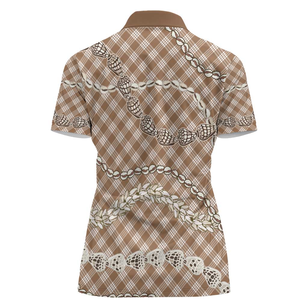 Brown Aloha Hawaii Shell Lei Women Polo Shirt Palaka Hebrew Cone Honey Cowrie Elegant Curves - Polynesian Pride
