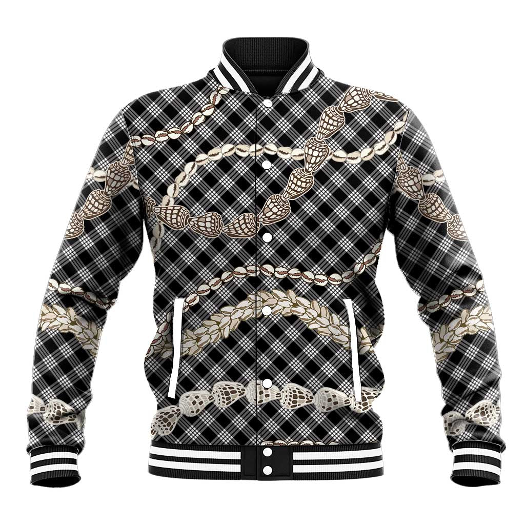 Black Aloha Hawaii Shell Lei Baseball Jacket Palaka Hebrew Cone Honey Cowrie Elegant Curves - Polynesian Pride