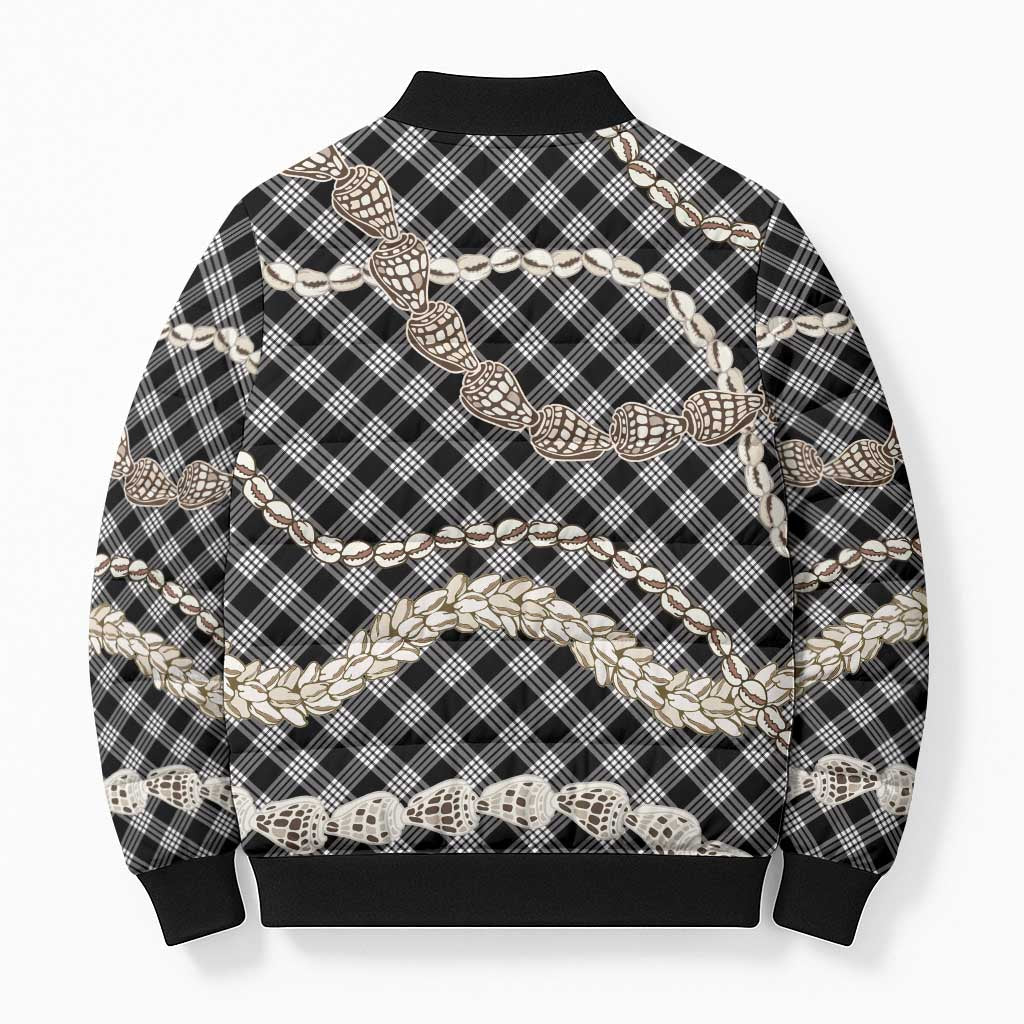 Black Aloha Hawaii Shell Lei Bomber Puffer Jacket Palaka Hebrew Cone Honey Cowrie Elegant Curves - Polynesian Pride