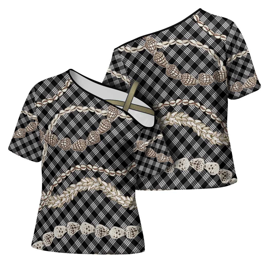 Black Aloha Hawaii Shell Lei Cross Shoulder Shirt Palaka Hebrew Cone Honey Cowrie Elegant Curves - Polynesian Pride