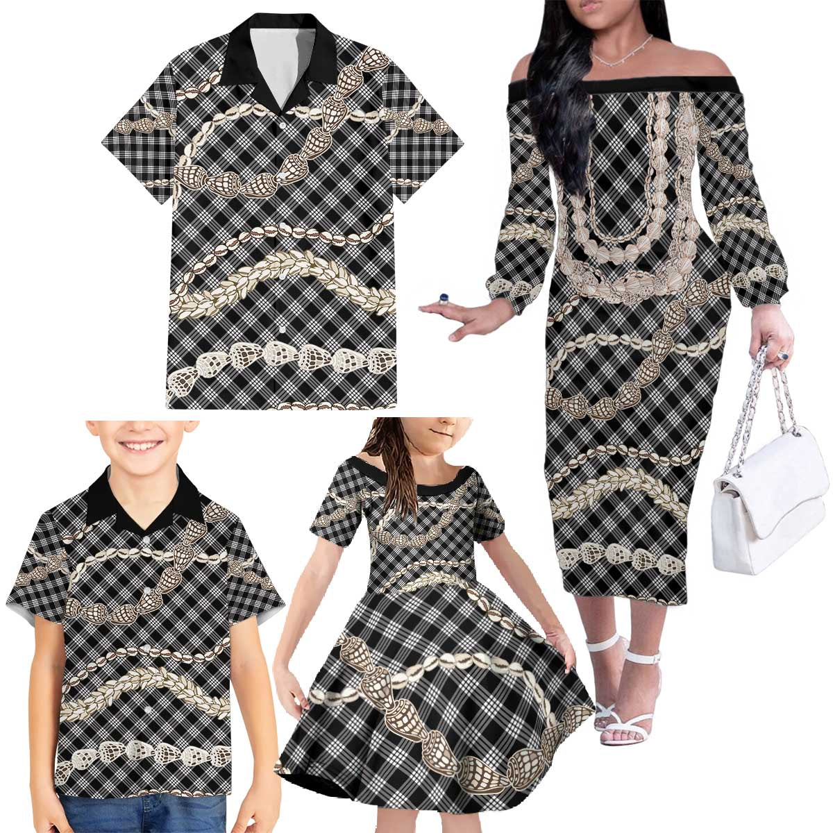 Black Aloha Hawaii Shell Lei Family Matching Off The Shoulder Long Sleeve Dress and Hawaiian Shirt Palaka Hebrew Cone Honey Cowrie Elegant Curves - Polynesian Pride