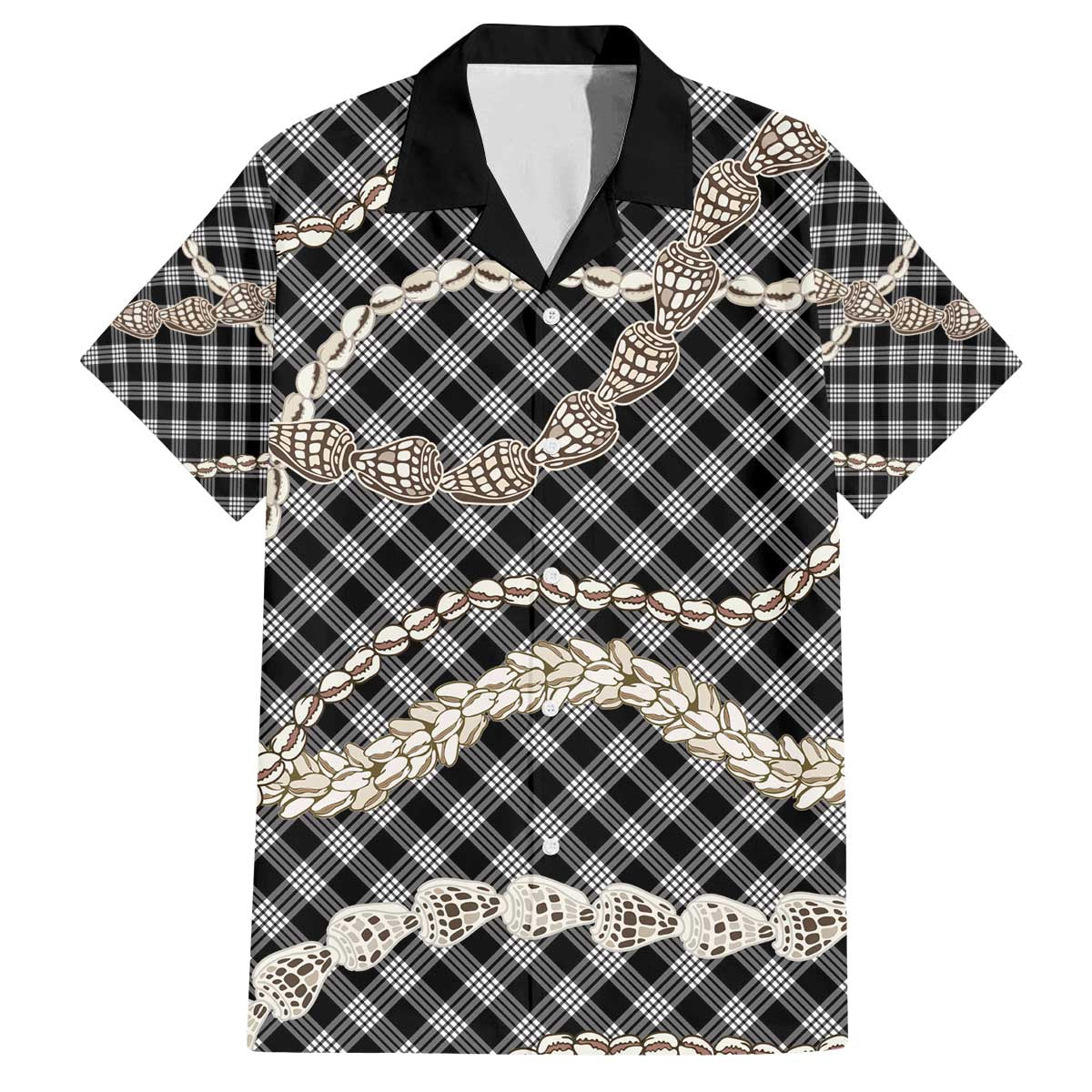 Black Aloha Hawaii Shell Lei Family Matching Off The Shoulder Long Sleeve Dress and Hawaiian Shirt Palaka Hebrew Cone Honey Cowrie Elegant Curves - Polynesian Pride