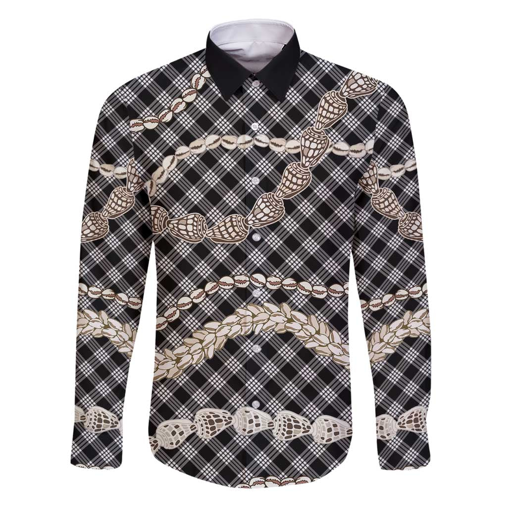 Black Aloha Hawaii Shell Lei Family Matching Off Shoulder Maxi Dress and Hawaiian Shirt Palaka Hebrew Cone Honey Cowrie Elegant Curves - Polynesian Pride