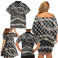 Black Aloha Hawaii Shell Lei Family Matching Off Shoulder Short Dress and Hawaiian Shirt Palaka Hebrew Cone Honey Cowrie Elegant Curves - Polynesian Pride