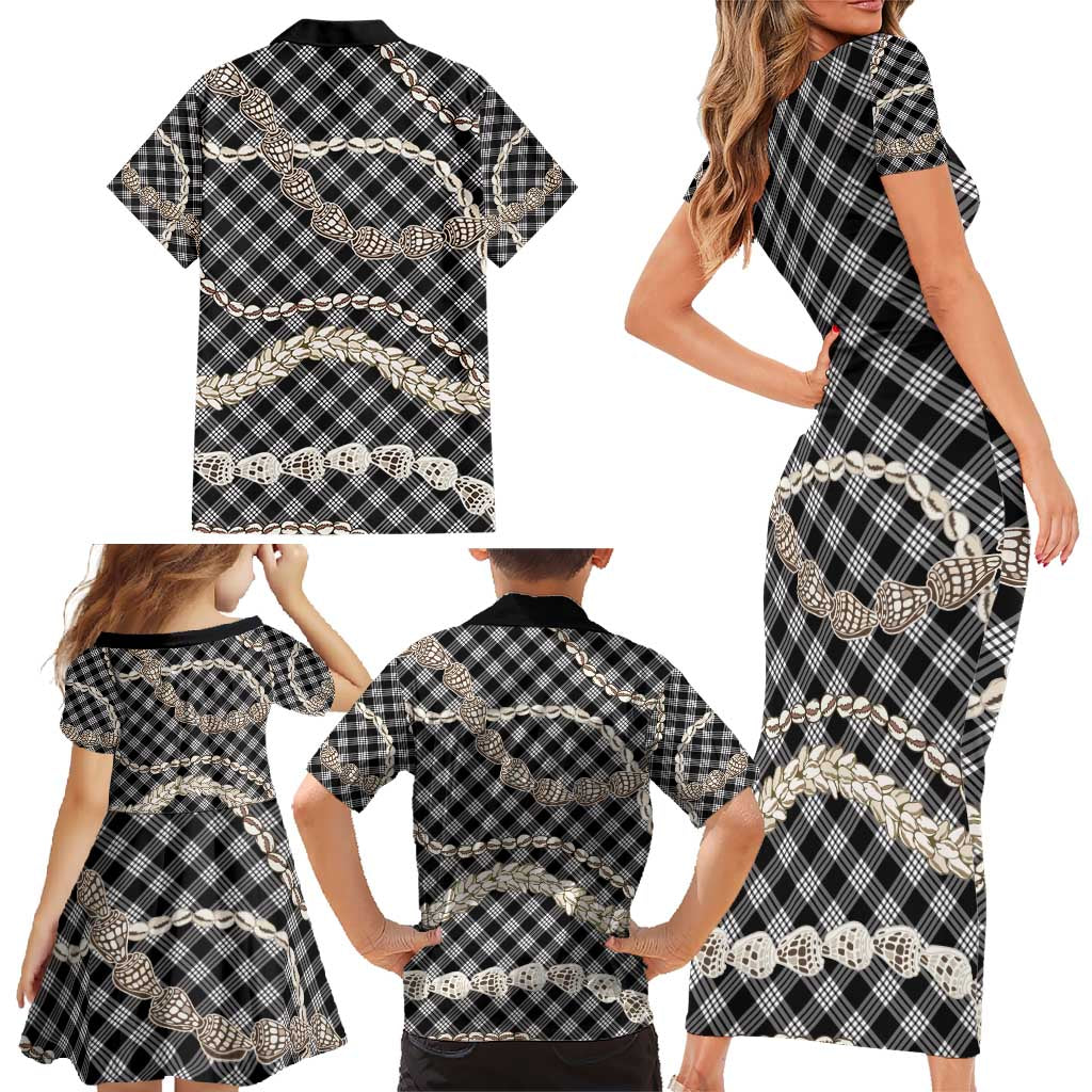 Black Aloha Hawaii Shell Lei Family Matching Short Sleeve Bodycon Dress and Hawaiian Shirt Palaka Hebrew Cone Honey Cowrie Elegant Curves - Polynesian Pride
