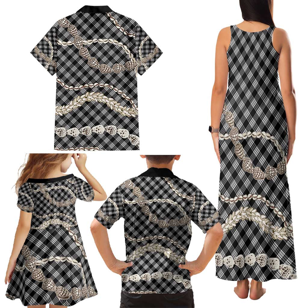 Black Aloha Hawaii Shell Lei Family Matching Tank Maxi Dress and Hawaiian Shirt Palaka Hebrew Cone Honey Cowrie Elegant Curves - Polynesian Pride