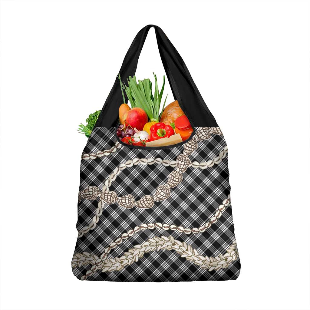 Black Aloha Hawaii Shell Lei Grocery Bag Palaka Hebrew Cone Honey Cowrie Elegant Curves - Polynesian Pride