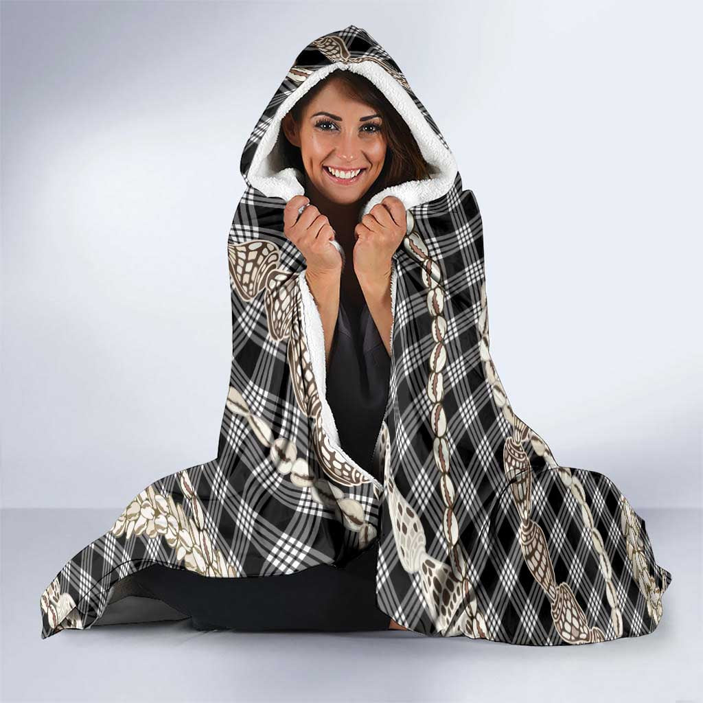Black Aloha Hawaii Shell Lei Hooded Blanket Palaka Hebrew Cone Honey Cowrie Elegant Curves - Polynesian Pride