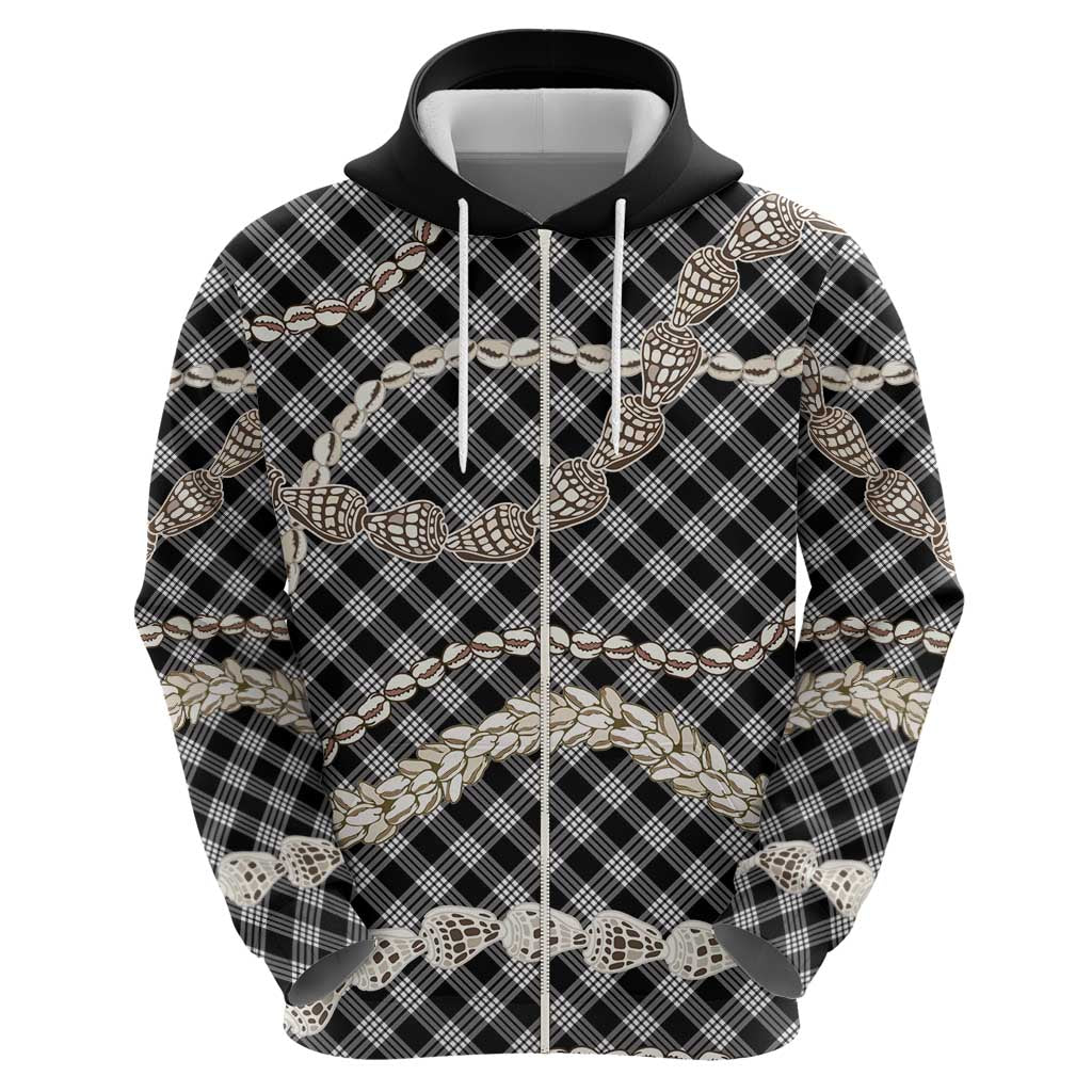 Black Aloha Hawaii Shell Lei Hoodie Palaka Hebrew Cone Honey Cowrie Elegant Curves - Polynesian Pride