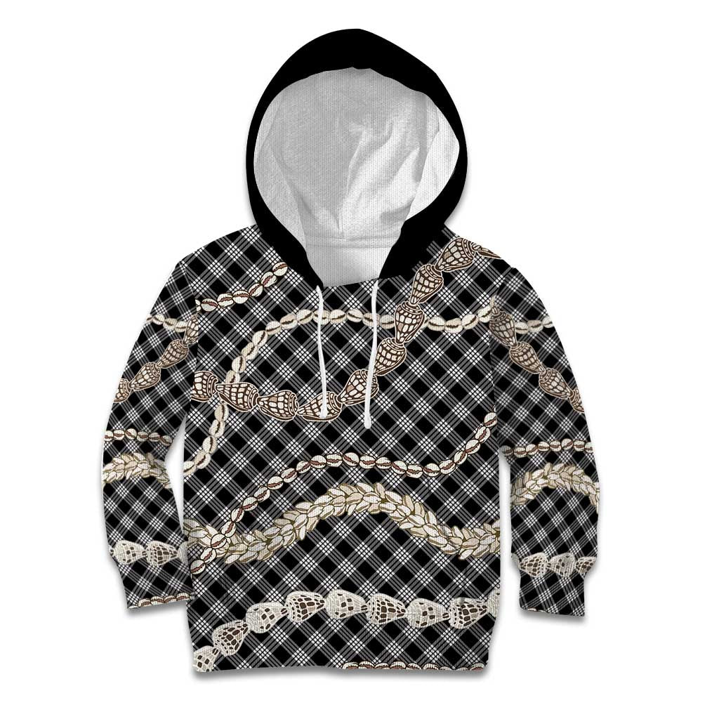 Black Aloha Hawaii Shell Lei Kid Hoodie Palaka Hebrew Cone Honey Cowrie Elegant Curves - Polynesian Pride