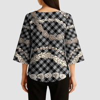 Black Aloha Hawaii Shell Lei Kimono Sleeve Blouse Palaka Hebrew Cone Honey Cowrie Elegant Curves - Polynesian Pride