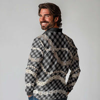 Black Aloha Hawaii Shell Lei Long Sleeve Polo Shirt Palaka Hebrew Cone Honey Cowrie Elegant Curves - Polynesian Pride