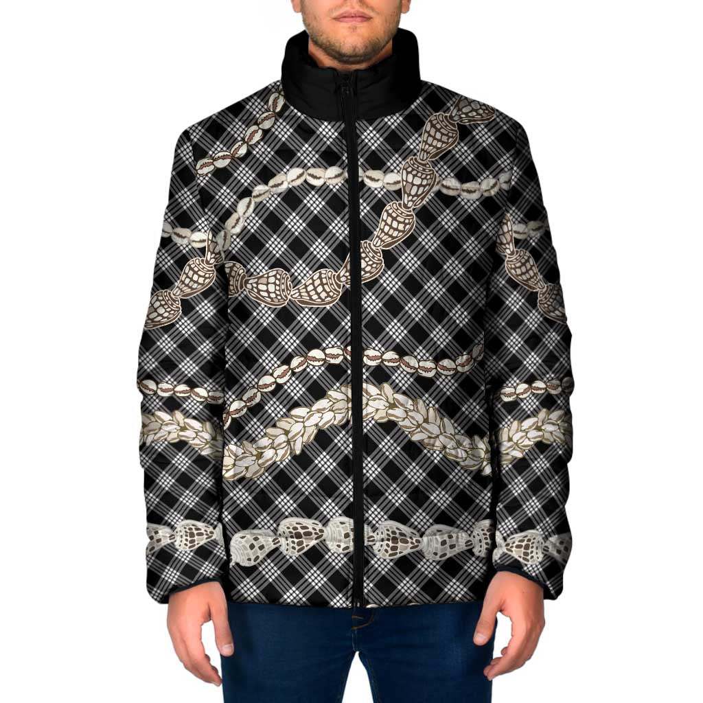 Black Aloha Hawaii Shell Lei Padded Jacket Palaka Hebrew Cone Honey Cowrie Elegant Curves - Polynesian Pride