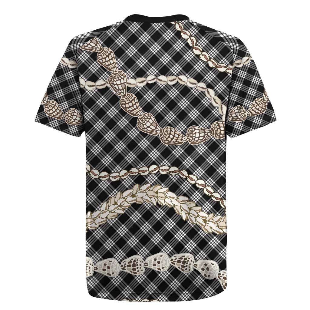 Black Aloha Hawaii Shell Lei Rugby Jersey Palaka Hebrew Cone Honey Cowrie Elegant Curves - Polynesian Pride