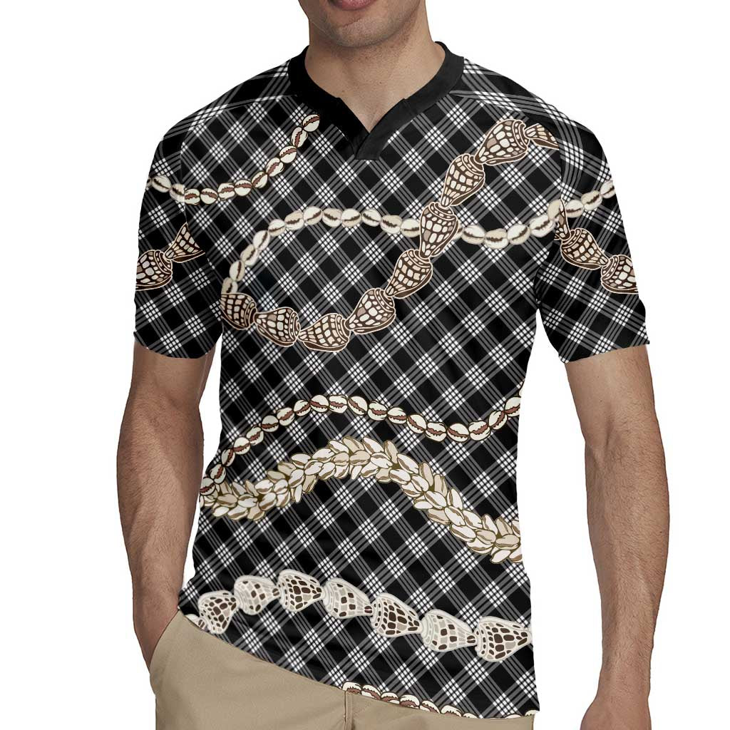 Black Aloha Hawaii Shell Lei Rugby Jersey Palaka Hebrew Cone Honey Cowrie Elegant Curves - Polynesian Pride