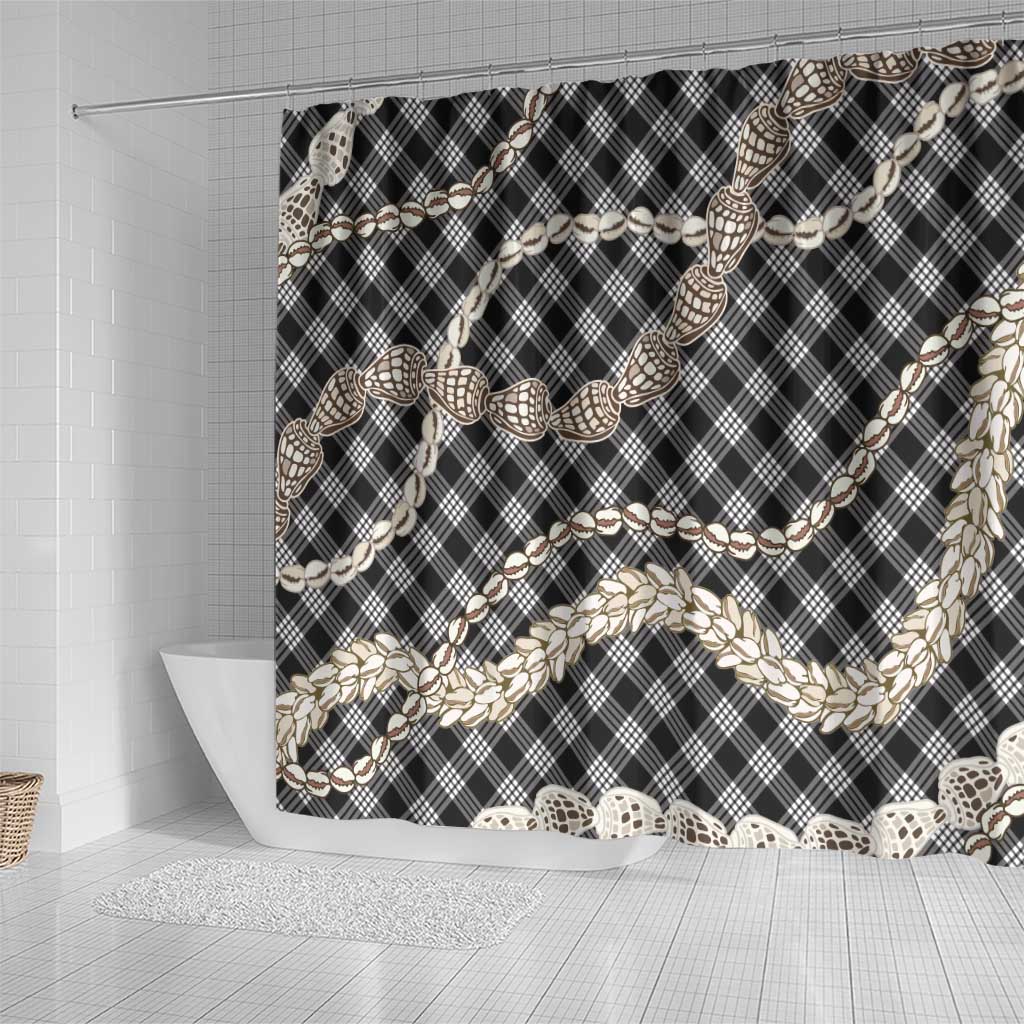 Black Aloha Hawaii Shell Lei Shower Curtain Palaka Hebrew Cone Honey Cowrie Elegant Curves - Polynesian Pride