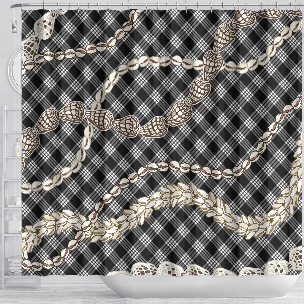 Black Aloha Hawaii Shell Lei Shower Curtain Palaka Hebrew Cone Honey Cowrie Elegant Curves - Polynesian Pride