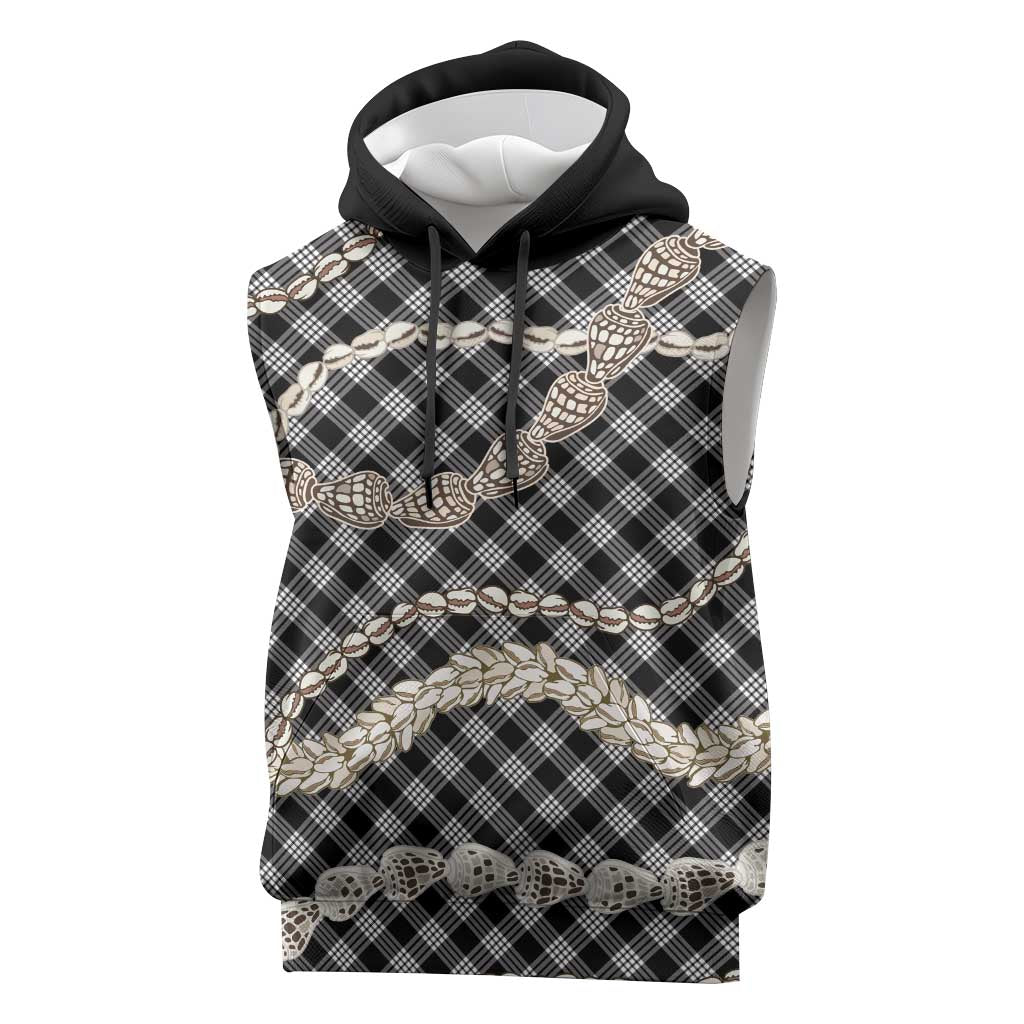 Black Aloha Hawaii Shell Lei Sleeveless Hoodie Palaka Hebrew Cone Honey Cowrie Elegant Curves - Polynesian Pride
