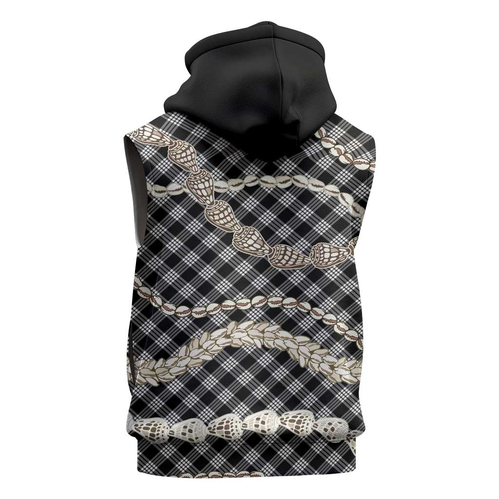 Black Aloha Hawaii Shell Lei Sleeveless Hoodie Palaka Hebrew Cone Honey Cowrie Elegant Curves - Polynesian Pride