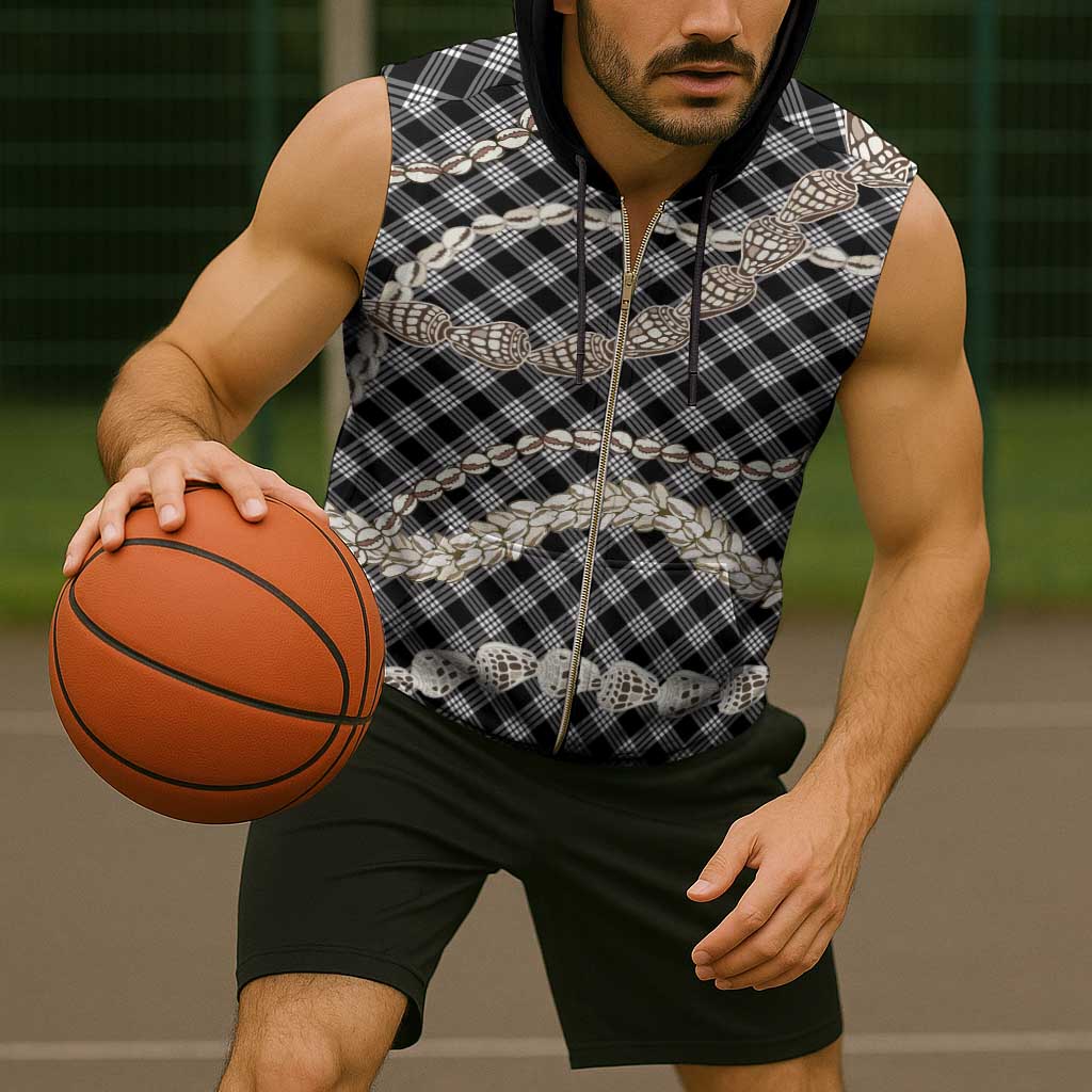 Black Aloha Hawaii Shell Lei Sleeveless Zip Hoodie Palaka Hebrew Cone Honey Cowrie Elegant Curves - Polynesian Pride