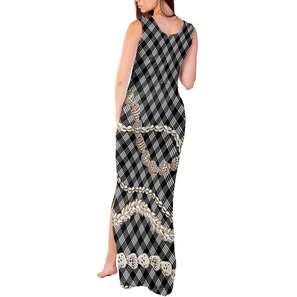 Black Aloha Hawaii Shell Lei Tank Maxi Dress Palaka Hebrew Cone Honey Cowrie Elegant Curves - Polynesian Pride