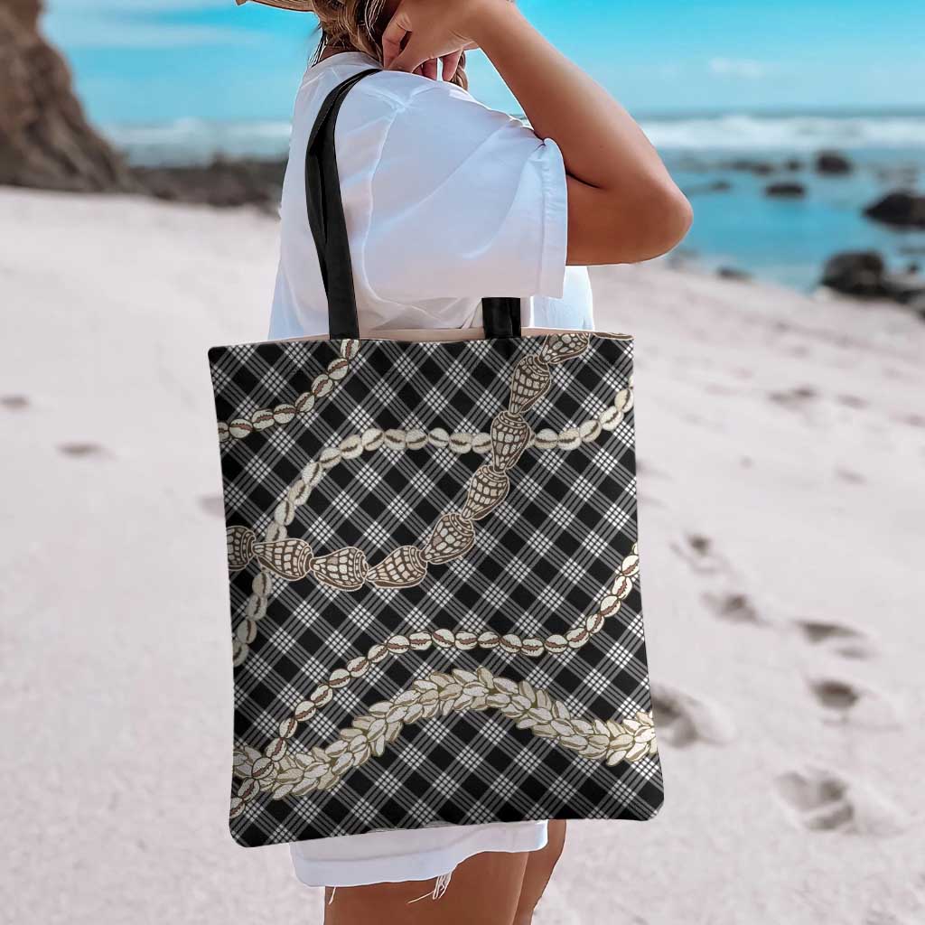Black Aloha Hawaii Shell Lei Tote Bag Palaka Hebrew Cone Honey Cowrie Elegant Curves - Polynesian Pride