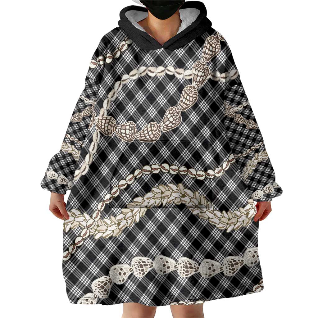Black Aloha Hawaii Shell Lei Wearable Blanket Hoodie Palaka Hebrew Cone Honey Cowrie Elegant Curves - Polynesian Pride
