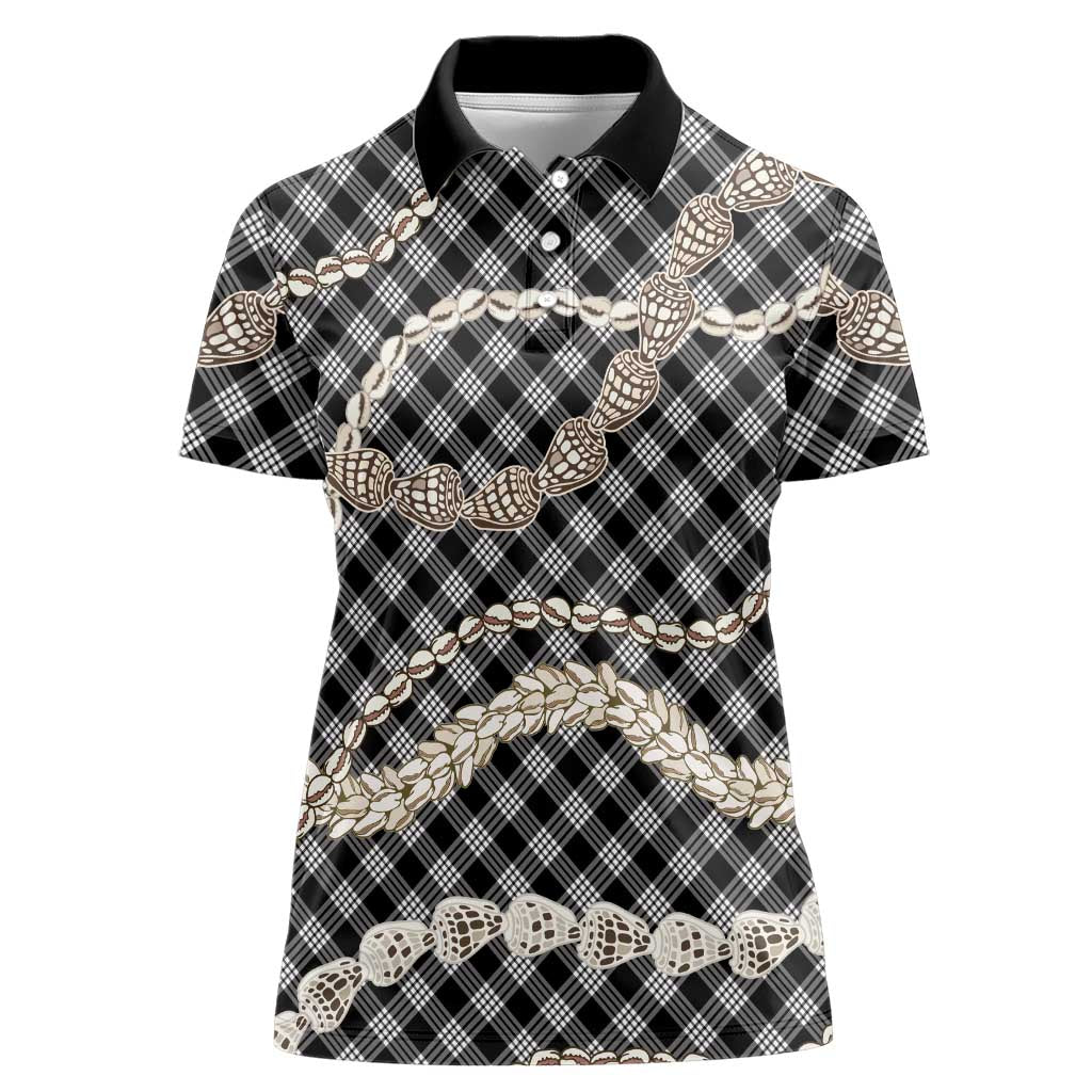 Black Aloha Hawaii Shell Lei Women Polo Shirt Palaka Hebrew Cone Honey Cowrie Elegant Curves - Polynesian Pride
