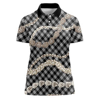 Black Aloha Hawaii Shell Lei Women Polo Shirt Palaka Hebrew Cone Honey Cowrie Elegant Curves - Polynesian Pride
