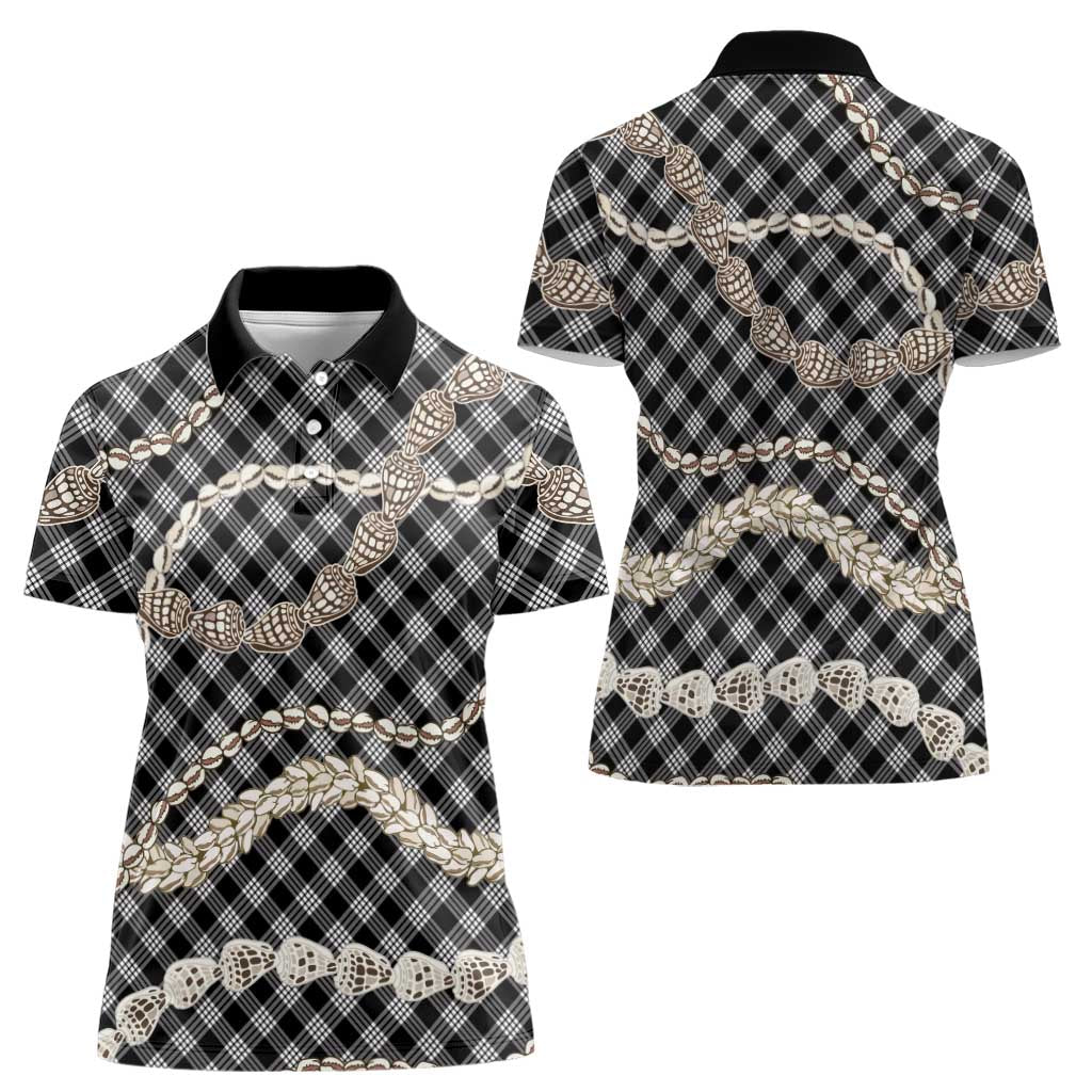 Black Aloha Hawaii Shell Lei Women Polo Shirt Palaka Hebrew Cone Honey Cowrie Elegant Curves - Polynesian Pride