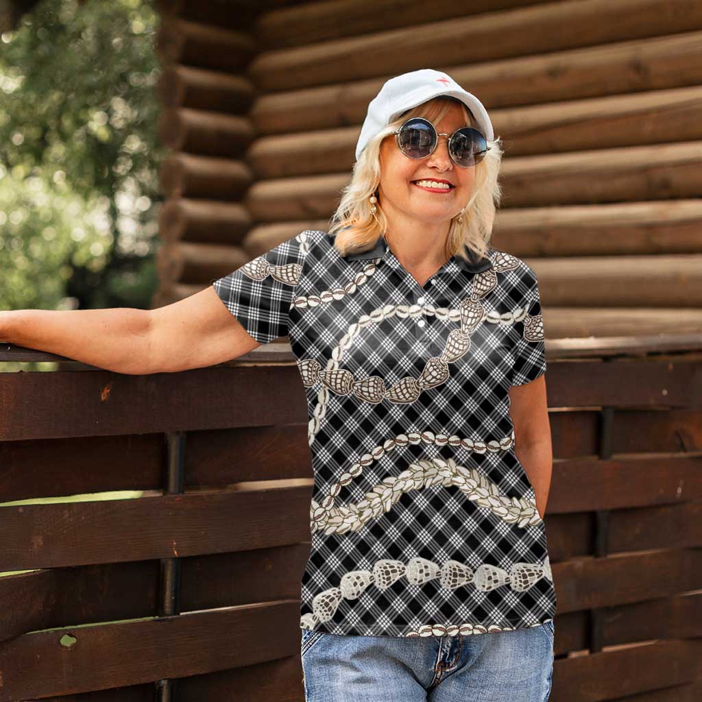 Black Aloha Hawaii Shell Lei Women Polo Shirt Palaka Hebrew Cone Honey Cowrie Elegant Curves - Polynesian Pride