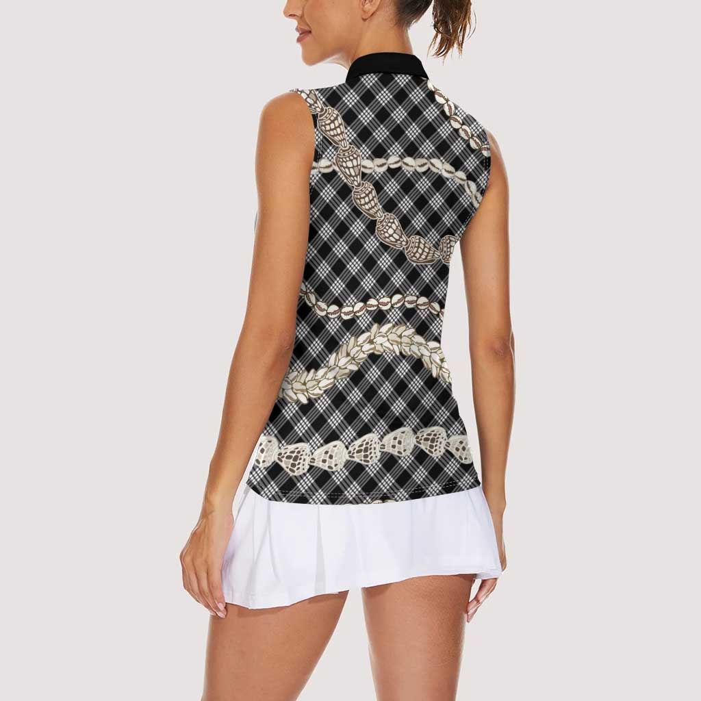 Black Aloha Hawaii Shell Lei Women Sleeveless Polo Shirt Palaka Hebrew Cone Honey Cowrie Elegant Curves - Polynesian Pride