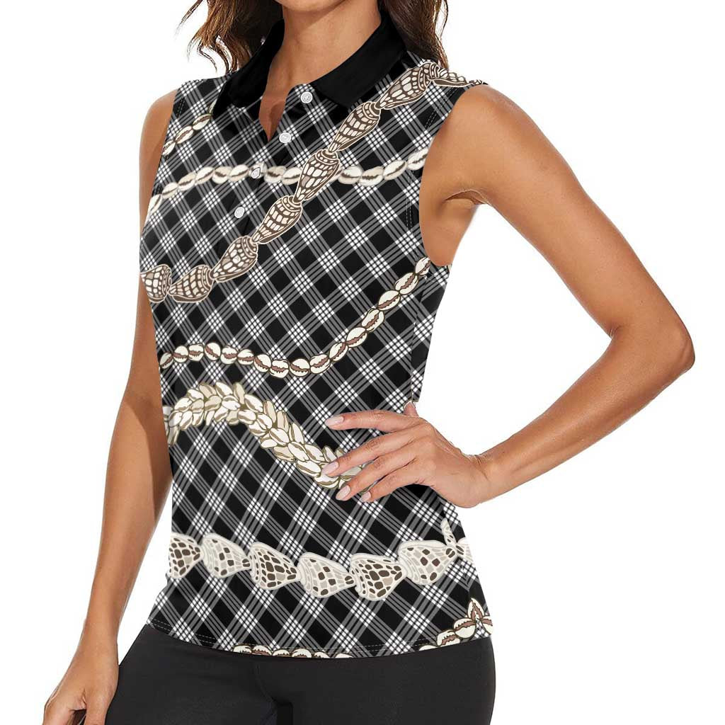 Black Aloha Hawaii Shell Lei Women Sleeveless Polo Shirt Palaka Hebrew Cone Honey Cowrie Elegant Curves - Polynesian Pride