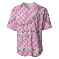 Pink Aloha Hawaii Shell Lei Baseball Jersey Palaka Hebrew Cone Honey Cowrie Elegant Curves - Polynesian Pride