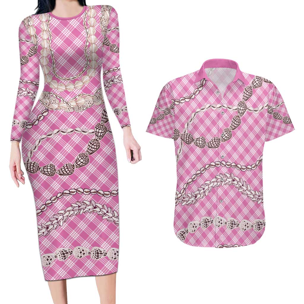 Pink Aloha Hawaii Shell Lei Couples Matching Long Sleeve Bodycon Dress and Hawaiian Shirt Palaka Hebrew Cone Honey Cowrie Elegant Curves - Polynesian Pride