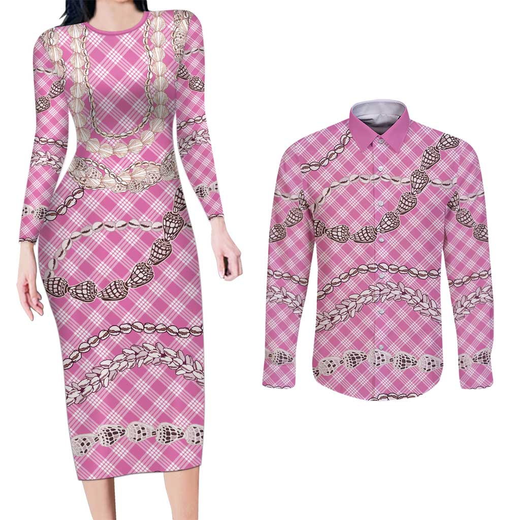 Pink Aloha Hawaii Shell Lei Couples Matching Long Sleeve Bodycon Dress and Long Sleeve Button Shirt Palaka Hebrew Cone Honey Cowrie Elegant Curves - Polynesian Pride