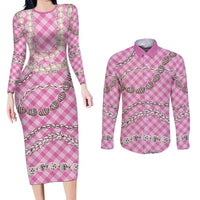 Pink Aloha Hawaii Shell Lei Couples Matching Long Sleeve Bodycon Dress and Long Sleeve Button Shirt Palaka Hebrew Cone Honey Cowrie Elegant Curves - Polynesian Pride