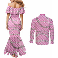 Pink Aloha Hawaii Shell Lei Couples Matching Mermaid Dress and Long Sleeve Button Shirt Palaka Hebrew Cone Honey Cowrie Elegant Curves - Polynesian Pride