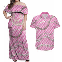 Pink Aloha Hawaii Shell Lei Couples Matching Off Shoulder Maxi Dress and Hawaiian Shirt Palaka Hebrew Cone Honey Cowrie Elegant Curves - Polynesian Pride
