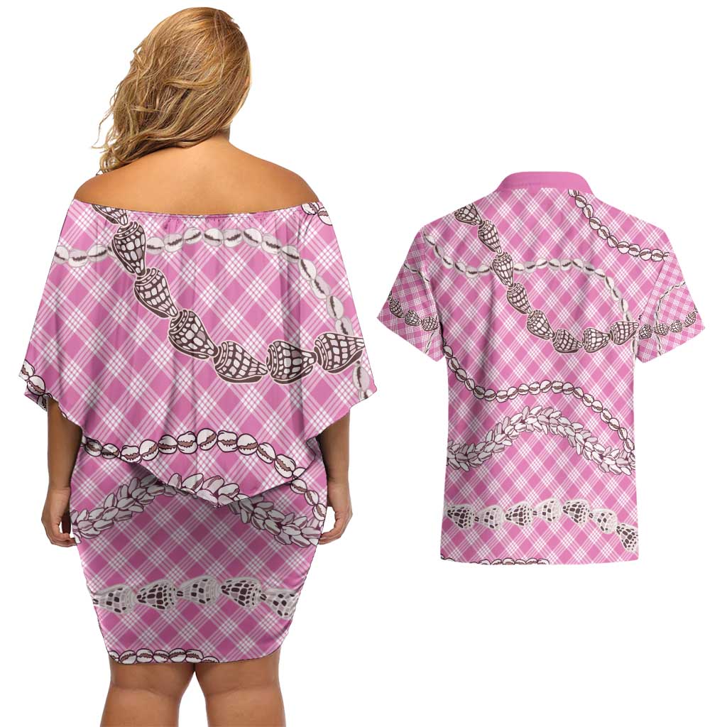 Pink Aloha Hawaii Shell Lei Couples Matching Off Shoulder Short Dress and Hawaiian Shirt Palaka Hebrew Cone Honey Cowrie Elegant Curves - Polynesian Pride