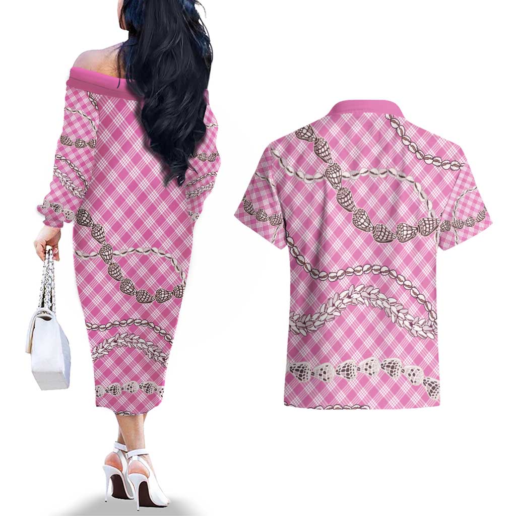 Pink Aloha Hawaii Shell Lei Couples Matching Off The Shoulder Long Sleeve Dress and Hawaiian Shirt Palaka Hebrew Cone Honey Cowrie Elegant Curves - Polynesian Pride