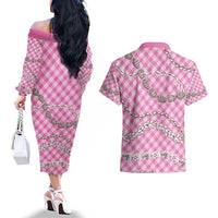 Pink Aloha Hawaii Shell Lei Couples Matching Off The Shoulder Long Sleeve Dress and Hawaiian Shirt Palaka Hebrew Cone Honey Cowrie Elegant Curves - Polynesian Pride