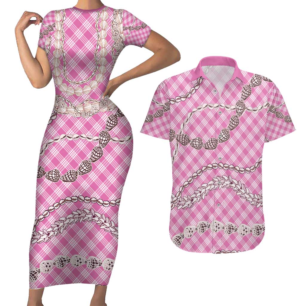 Pink Aloha Hawaii Shell Lei Couples Matching Short Sleeve Bodycon Dress and Hawaiian Shirt Palaka Hebrew Cone Honey Cowrie Elegant Curves - Polynesian Pride
