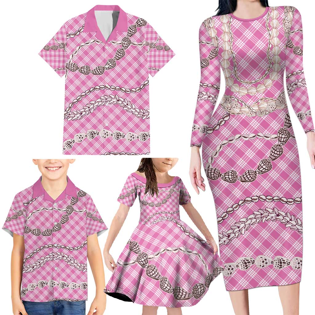 Pink Aloha Hawaii Shell Lei Family Matching Long Sleeve Bodycon Dress and Hawaiian Shirt Palaka Hebrew Cone Honey Cowrie Elegant Curves - Polynesian Pride
