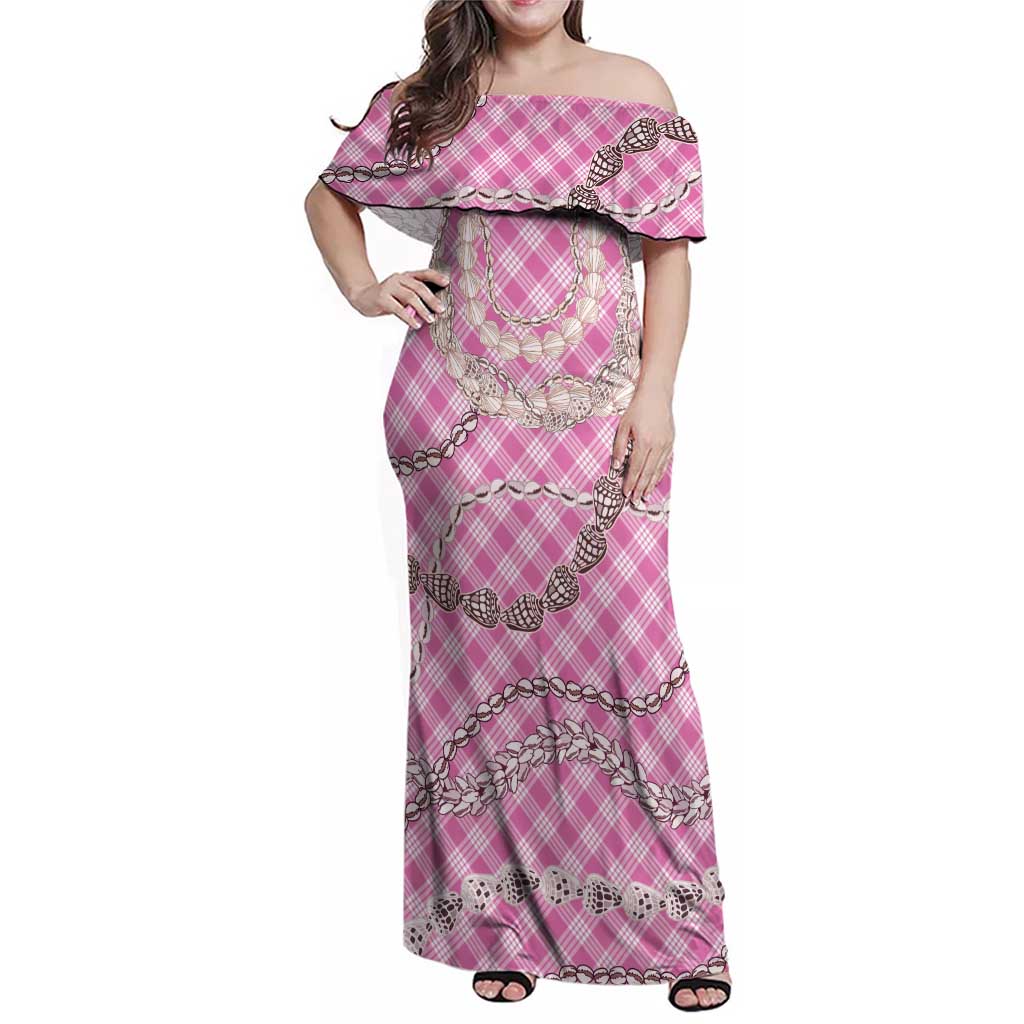 Pink Aloha Hawaii Shell Lei Family Matching Off Shoulder Maxi Dress and Hawaiian Shirt Palaka Hebrew Cone Honey Cowrie Elegant Curves - Polynesian Pride