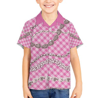 Pink Aloha Hawaii Shell Lei Family Matching Off Shoulder Short Dress and Hawaiian Shirt Palaka Hebrew Cone Honey Cowrie Elegant Curves - Polynesian Pride