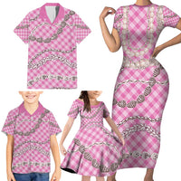 Pink Aloha Hawaii Shell Lei Family Matching Short Sleeve Bodycon Dress and Hawaiian Shirt Palaka Hebrew Cone Honey Cowrie Elegant Curves - Polynesian Pride